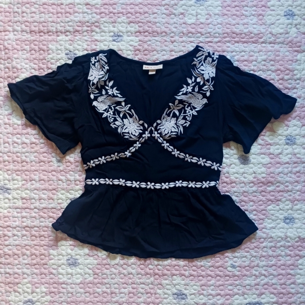 Knox Rose Medium Navy Embroidered Women's Peplum Blouse